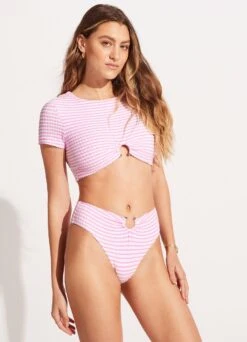 Sorrento Stripe High Waisted Bikini Bottom - Parfait Pink -WaveLuxe Store 40720 027 ParfaitPnk 5